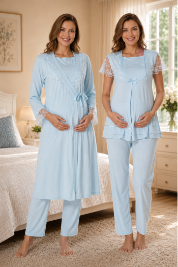 Effortt 2054M Mavi Dantel Detaylı Sabahlıklı Lohusa Pijama Takımı